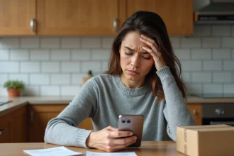 Femme confuse comparant le tarif Mondial Relay affiché sur Le Bon Coin avec le prix réel sur son téléphone