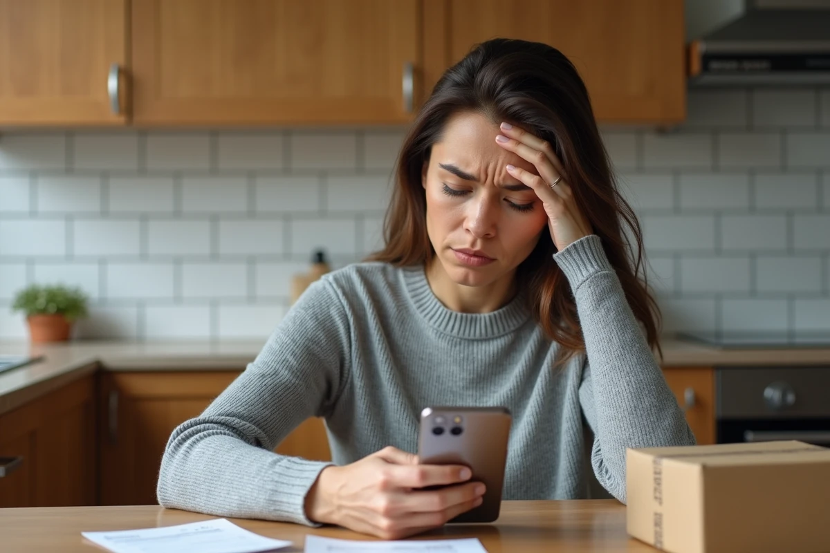 Femme confuse comparant le tarif Mondial Relay affiché sur Le Bon Coin avec le prix réel sur son téléphone