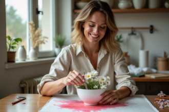 Femme souriante trempant des marguerites dans la teinture