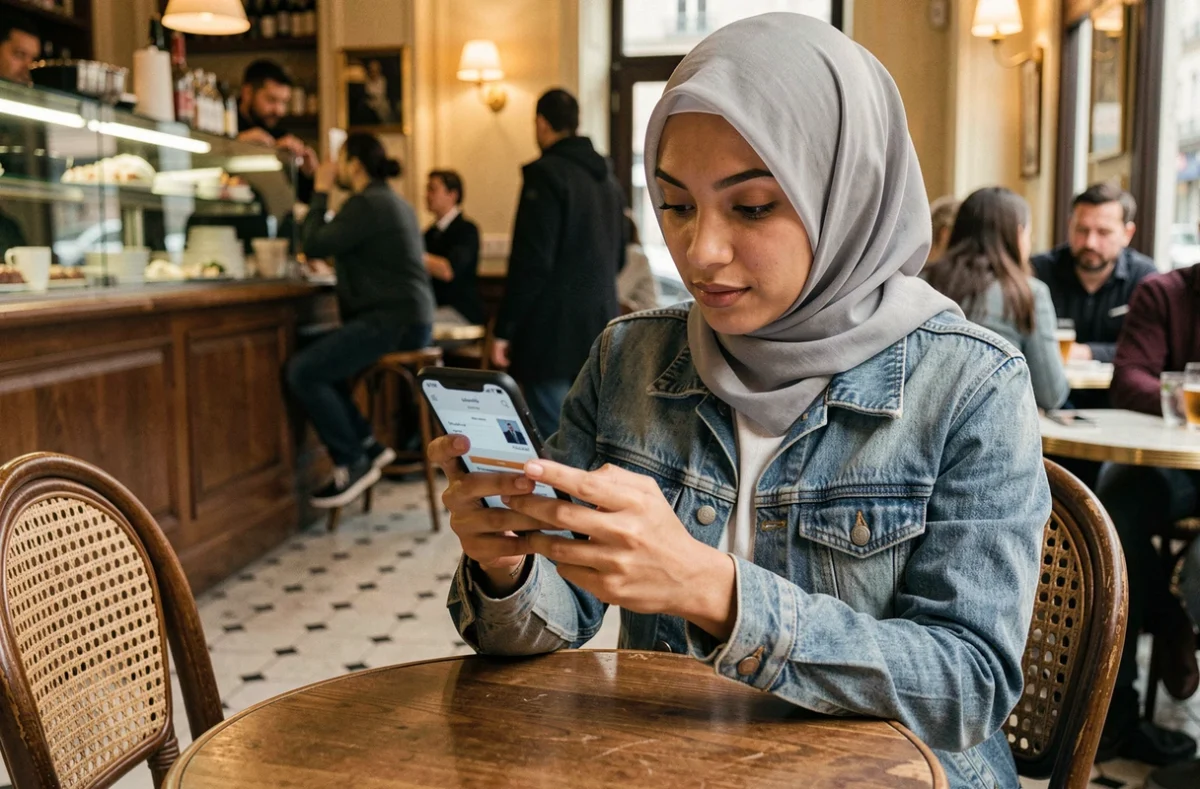 Une jeune femme lit le journal algérien Echorouk sur son smartphone dans un café français typique