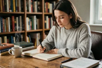 Jeune femme écrivant dans un carnet à son bureau en bois, illustrant la réflexion sur les règles grammaticales du français