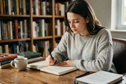 Jeune femme écrivant dans un carnet à son bureau en bois, illustrant la réflexion sur les règles grammaticales du français