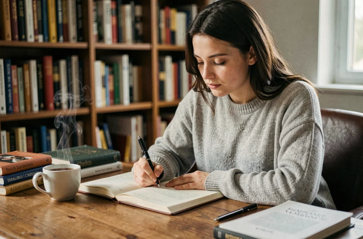 Jeune femme écrivant dans un carnet à son bureau en bois, illustrant la réflexion sur les règles grammaticales du français