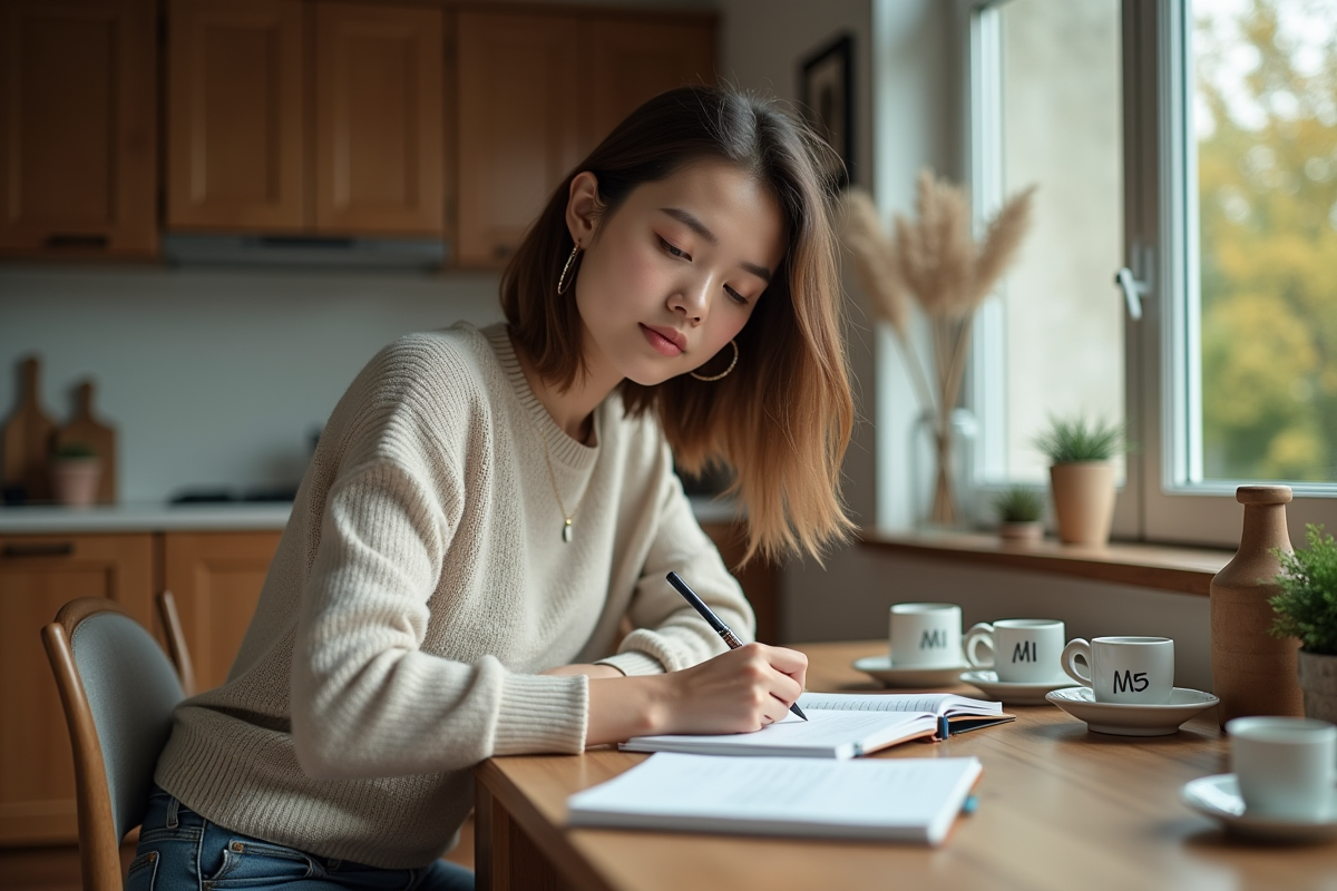 Jeune femme écrivant dans un carnet à la maison