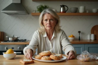 Femme hésitante face à snacks dans la cuisine moderne