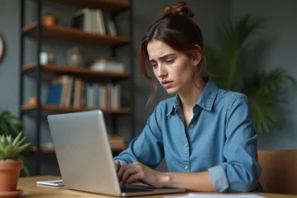 Femme inquiète regardant son ordinateur dans un intérieur