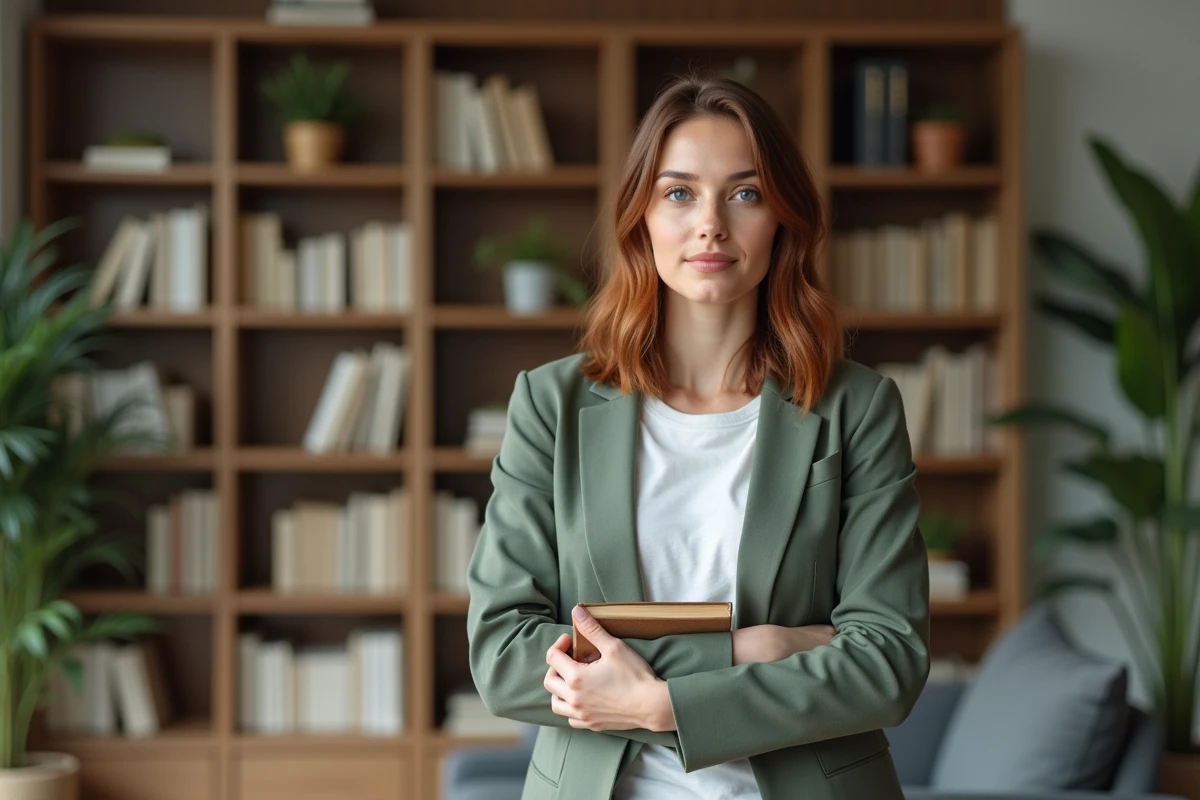 Femme intellectuelle et élégante tenant un livre devant une bibliothèque moderne, style de femme appréciée par l'homme Vierge