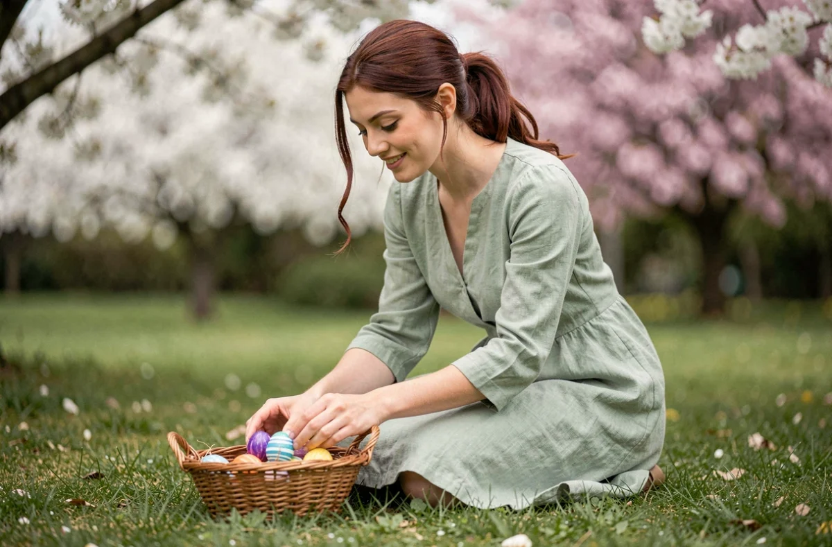Jeune femme en robe verte plaçant des œufs de Pâques peints dans un panier dans un jardin fleuri