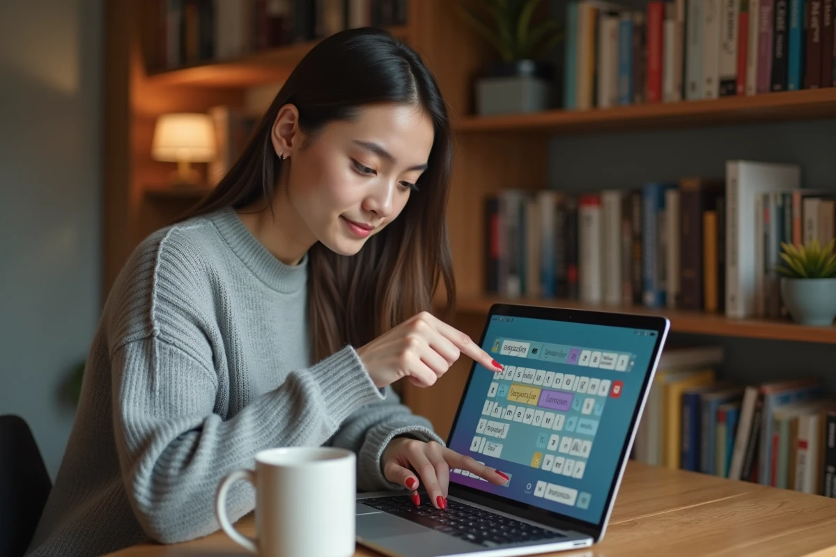 Jeune femme jouant à Cemantix sur un ordinateur portable à son bureau, analysant les indices de proximité sémantique du mot secret