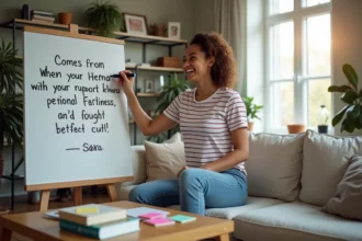 Jeune femme souriante écrivant sur un tableau blanc dans un salon
