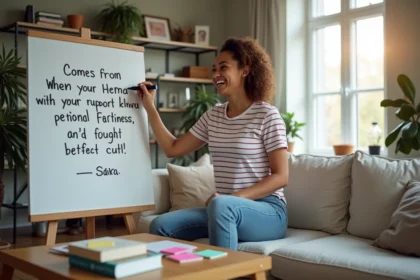 Jeune femme souriante écrivant sur un tableau blanc dans un salon