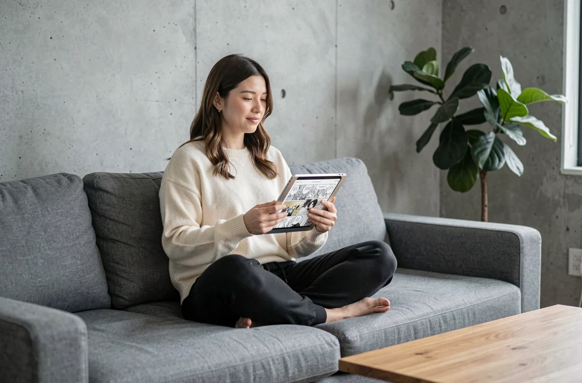 Femme utilisant une tablette pour lire des mangas en toute sécurité depuis son salon
