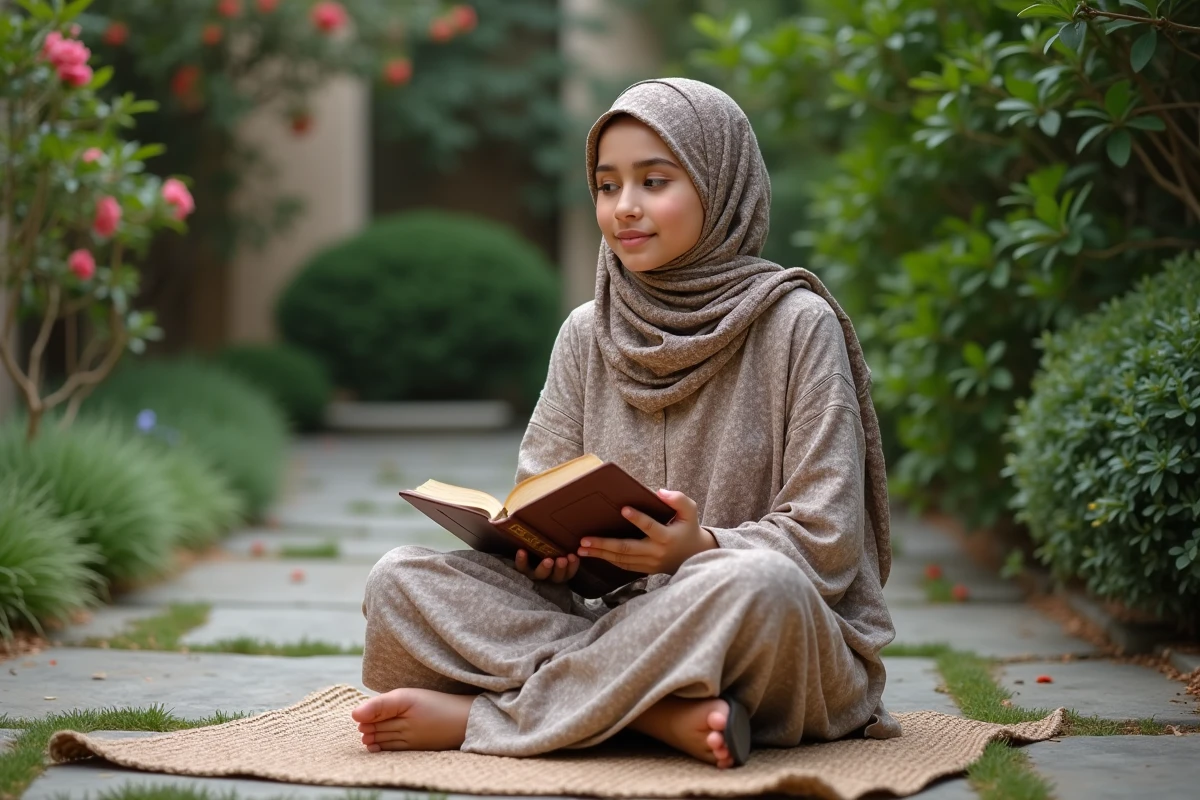 Jeune femme nord-africaine méditant avec le Quran en plein air