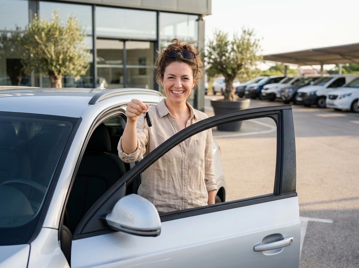 Femme souriante récupérant une voiture automatique de location devant une agence de location de voitures