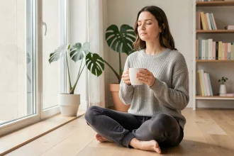 Femme sereine méditant avec une tasse dans un salon minimaliste, illustrant la sortie des pensées toxiques grâce à la positivité