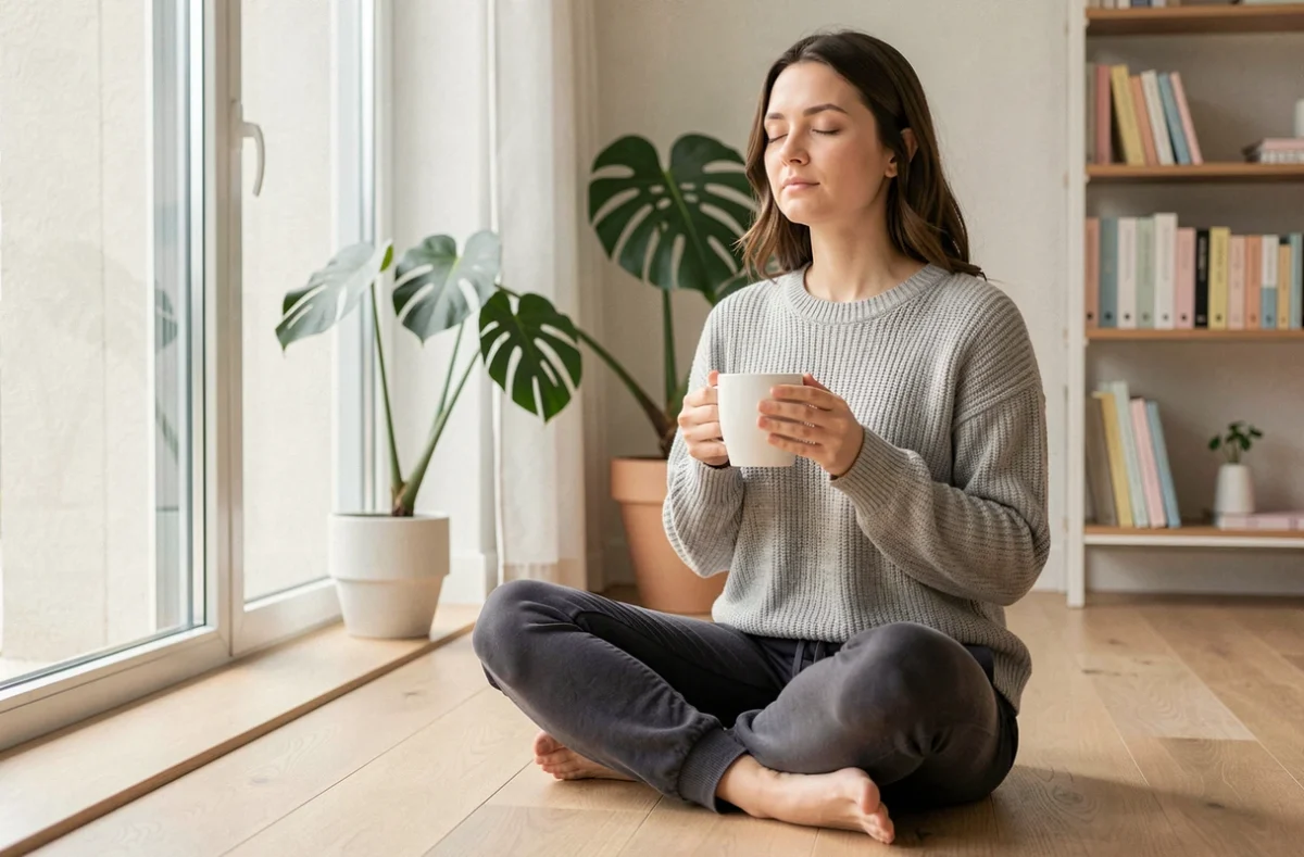 Femme sereine méditant avec une tasse dans un salon minimaliste, illustrant la sortie des pensées toxiques grâce à la positivité