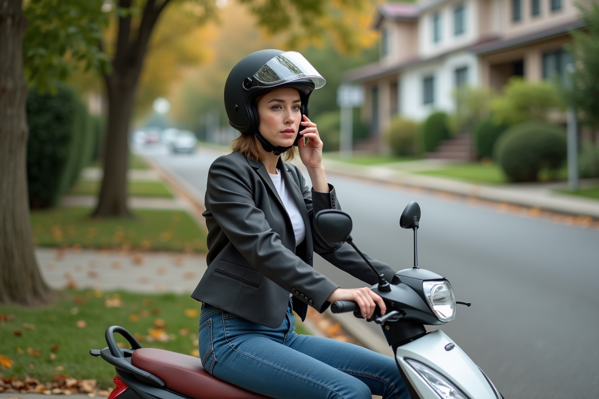 Femme ajustant son casque sur une moto en banlieue