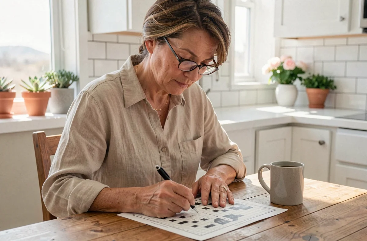 Femme résolvant des mots croisés avec la solution d'une ville du Nevada en 4 lettres dans une cuisine ensoleillée