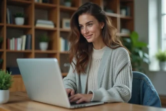 Jeune femme utilisant une carte interactive à la maison