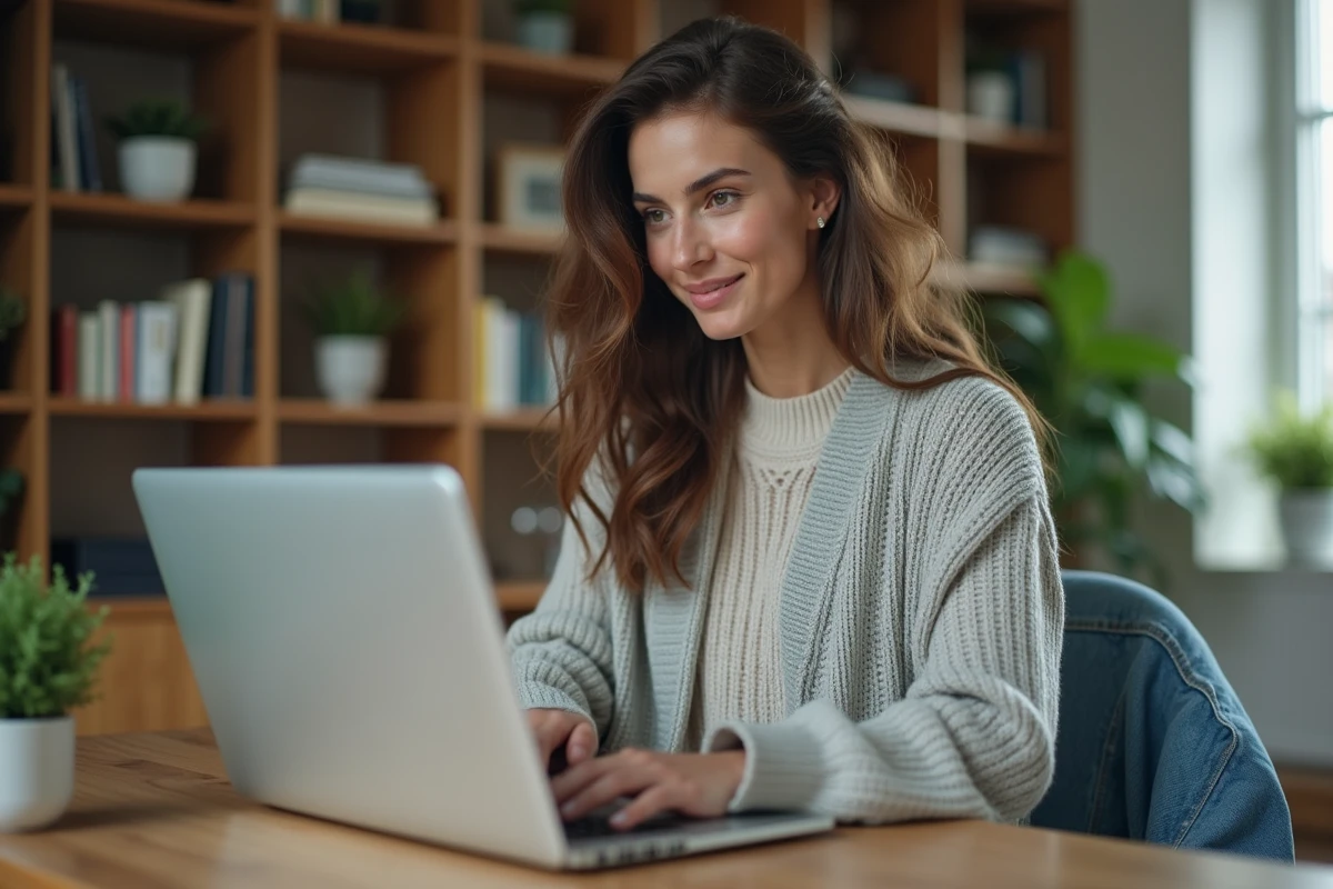 Jeune femme utilisant une carte interactive à la maison