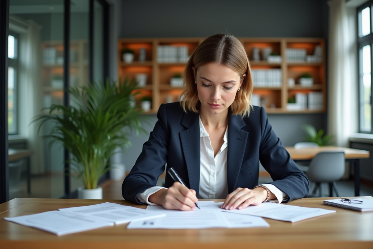Femme professionnelle concentrée à son bureau moderne