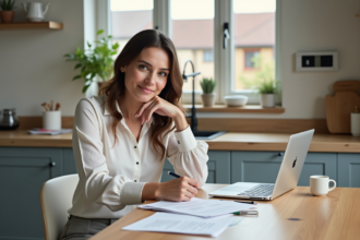 Femme professionnelle dans une cuisine moderne et lumineuse