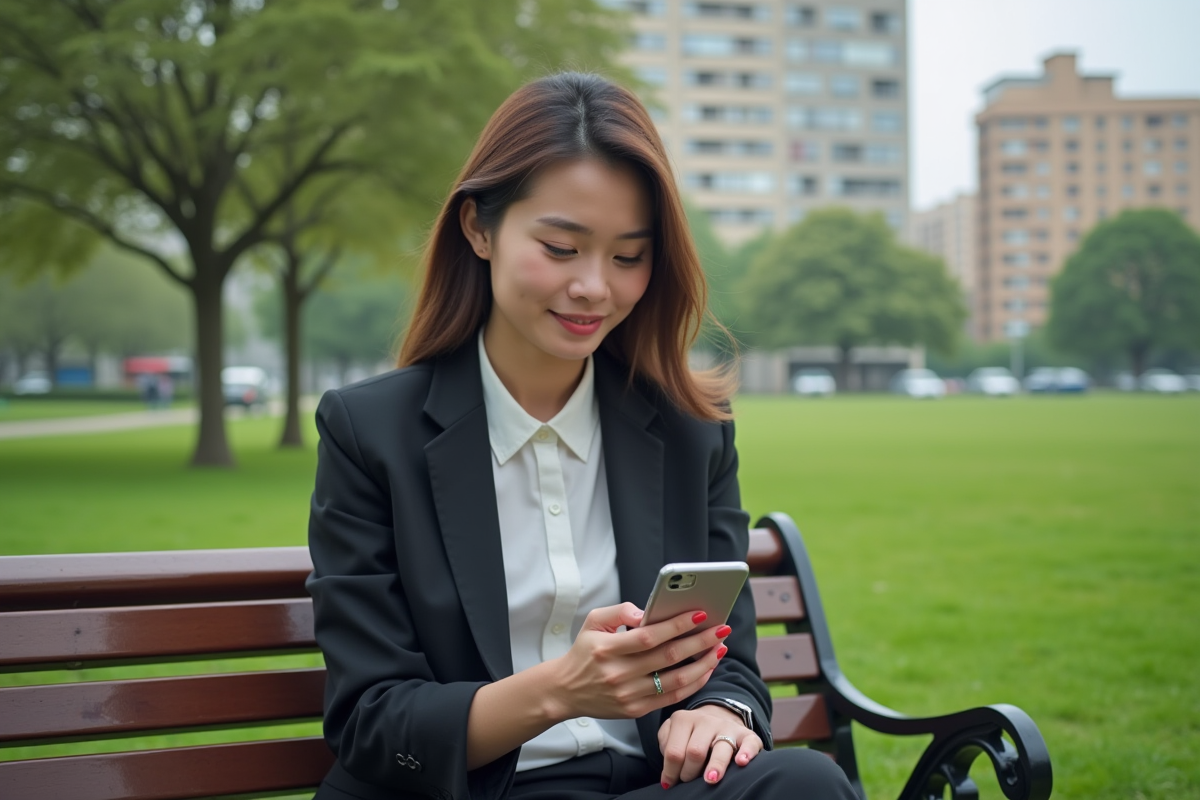 Jeune femme assise sur un banc dans un parc urbain regardant son smartphone