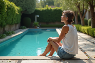Femme d'âge moyen près de la piscine en été