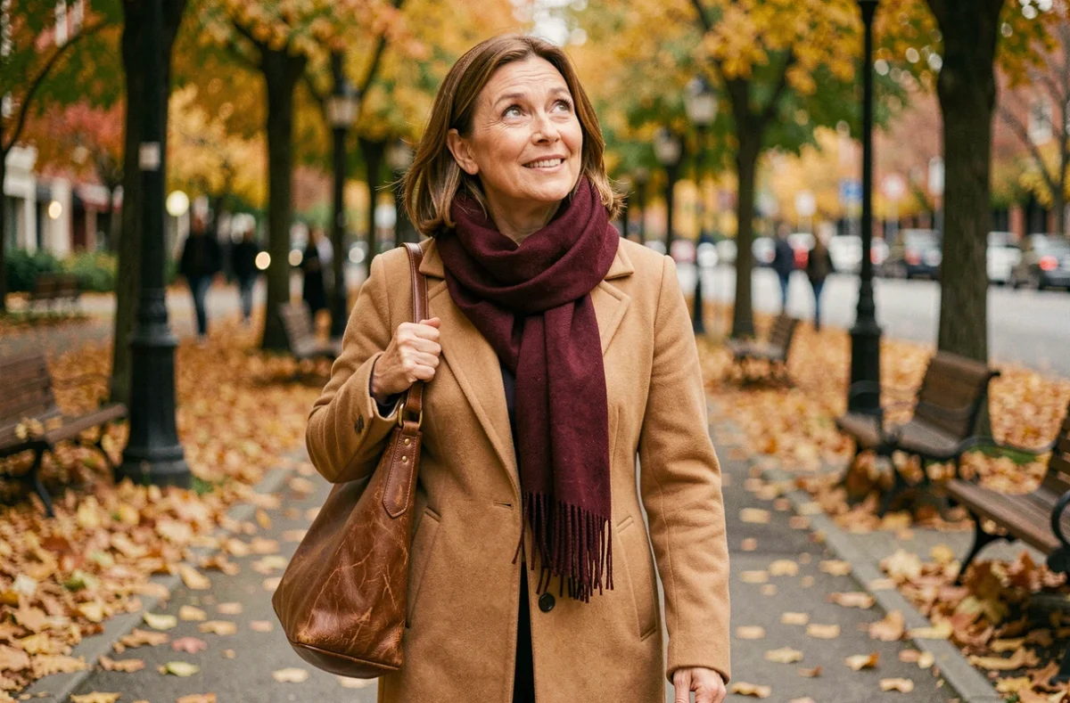 Femme épanouie se promenant en automne dans un parc urbain, symbolisant la libération des pensées toxiques et le cheminement vers la positivité