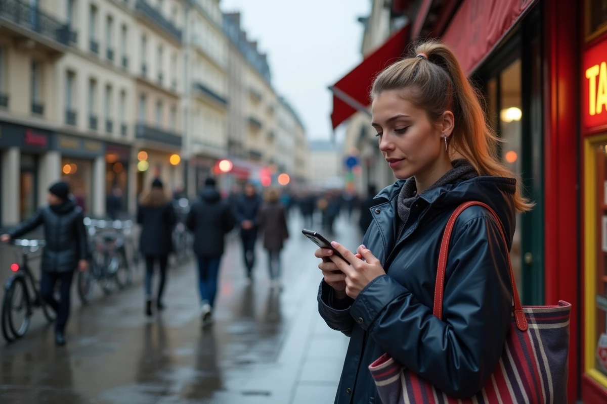 Jeune femme cherche un bureau de tabac à proximité sur son smartphone dans une rue parisienne