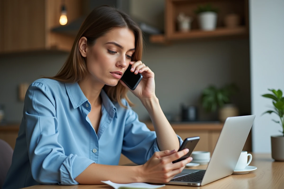 Femme en blouse bleue regarde son smartphone curieuse