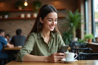 Jeune femme souriante qui envoie un message de remerciement en espagnol sur son smartphone dans un café urbain