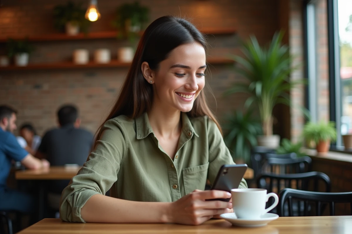 Jeune femme souriante qui envoie un message de remerciement en espagnol sur son smartphone dans un café urbain