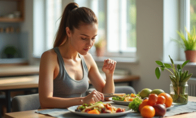Femme en sportwear mangeant un repas équilibré à la maison