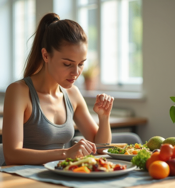 Femme en sportwear mangeant un repas équilibré à la maison
