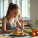 Femme en sportwear mangeant un repas équilibré à la maison