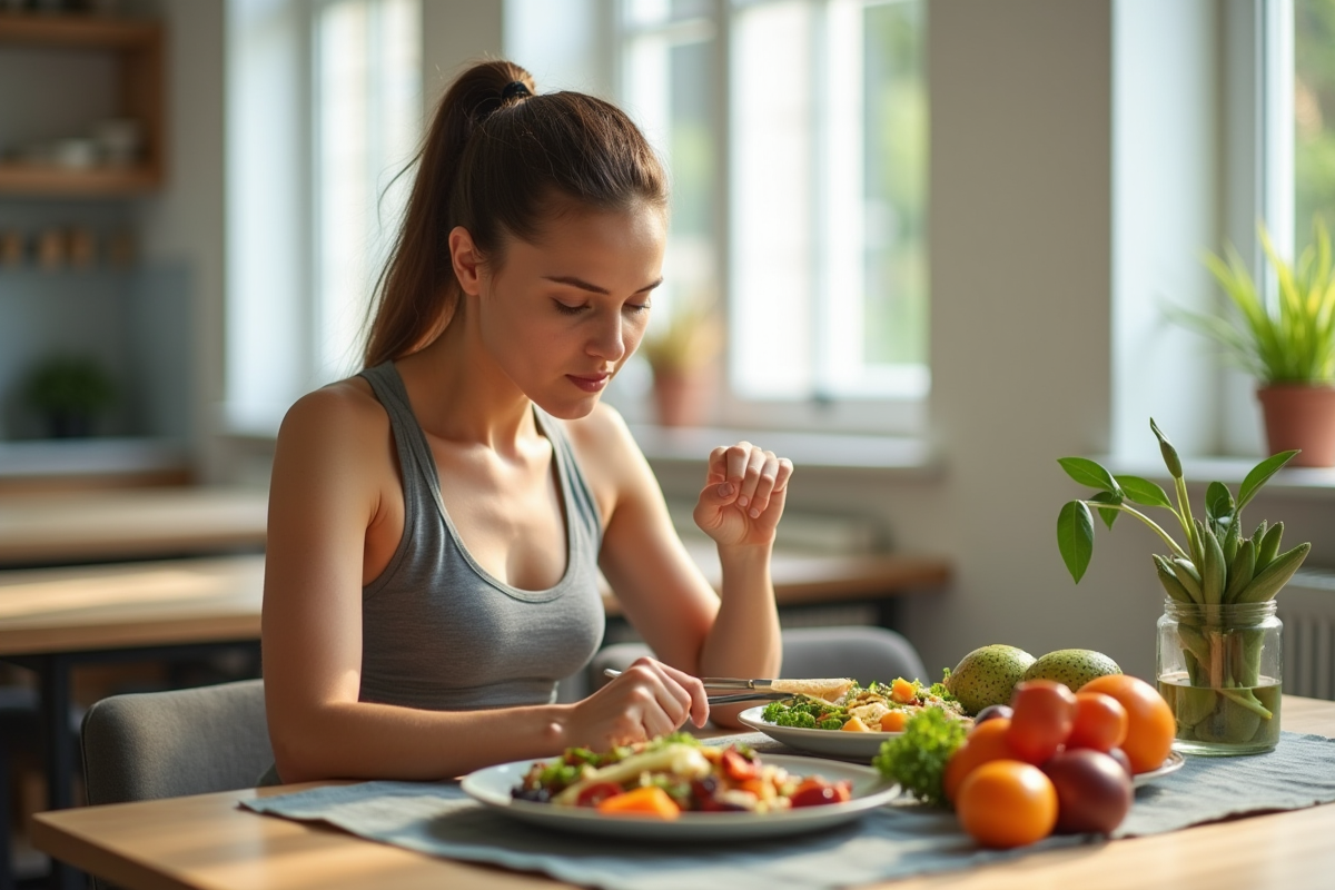 Femme en sportwear mangeant un repas équilibré à la maison