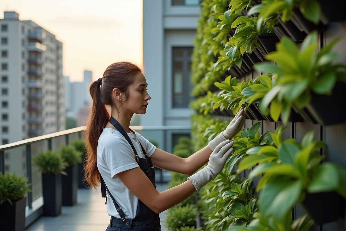 Jeune femme en extérieur prenant soin d’un mur végétal urbain