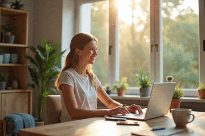Jeune femme souriante travaillant à distance dans un bureau moderne