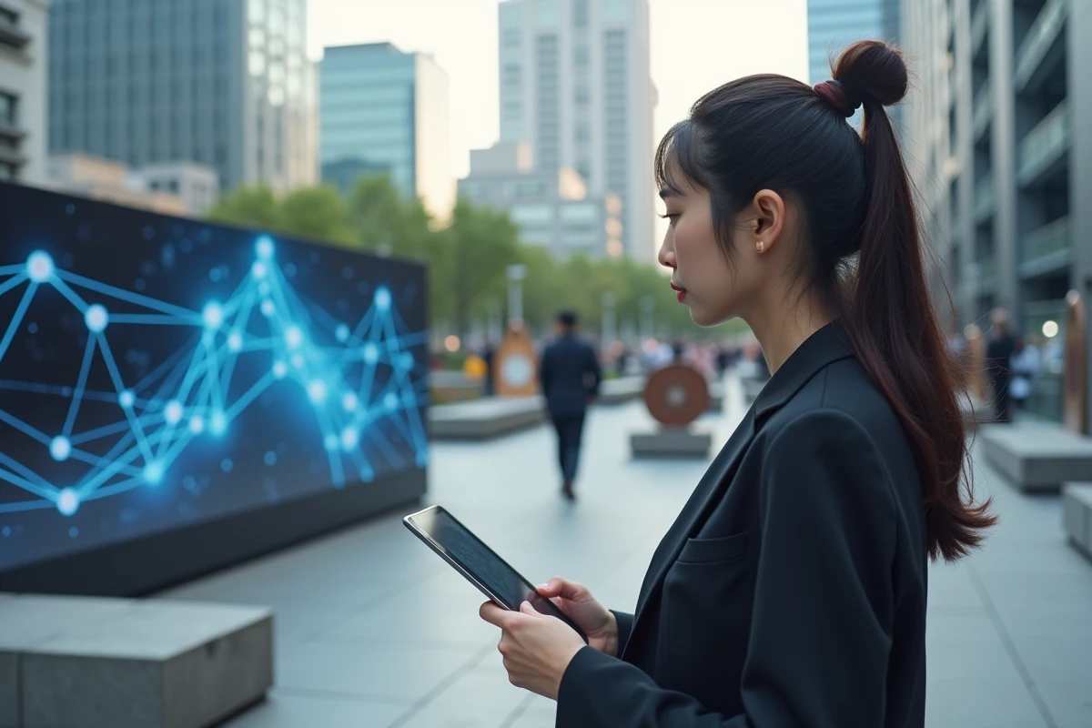 Jeune femme regardant un graphique blockchain en extérieur