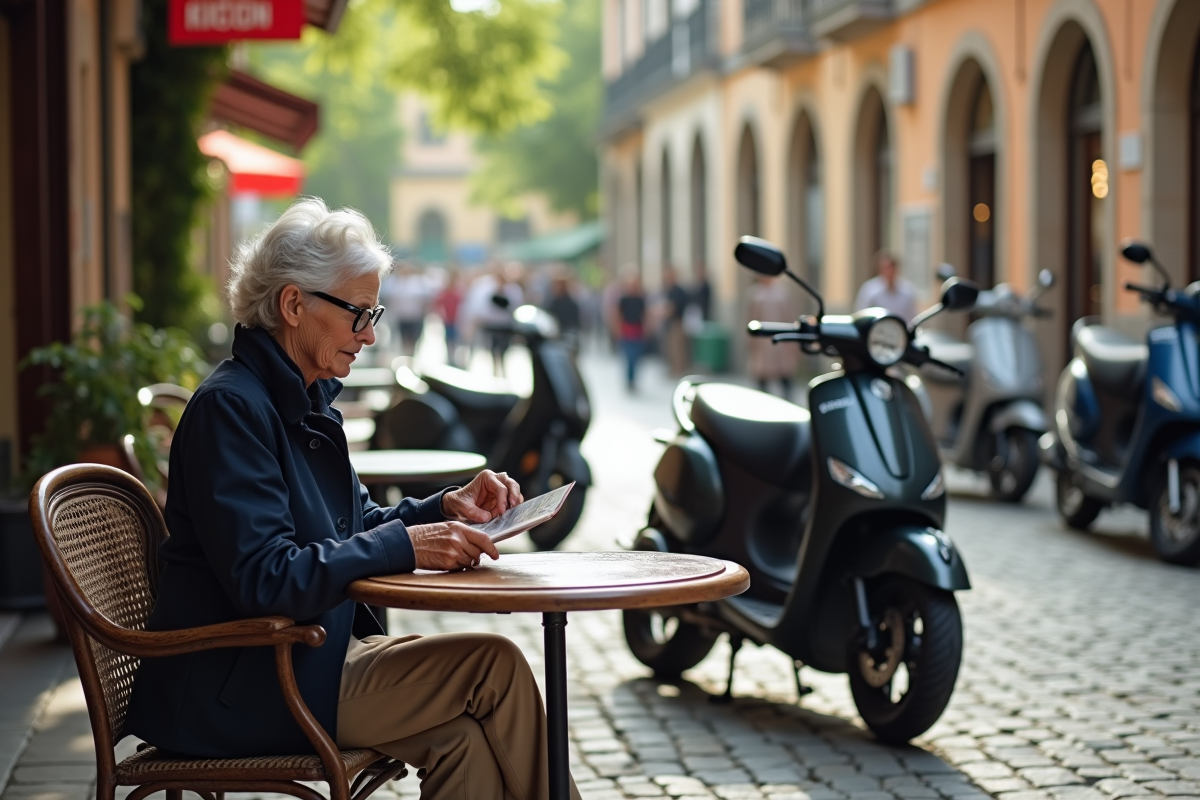 Femme lisant brochure motos vintage dans un café européen