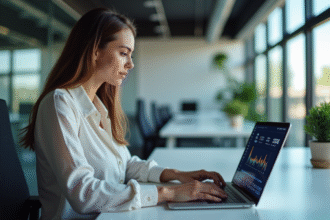 Jeune femme en bureau étudiant visualisations blockchain