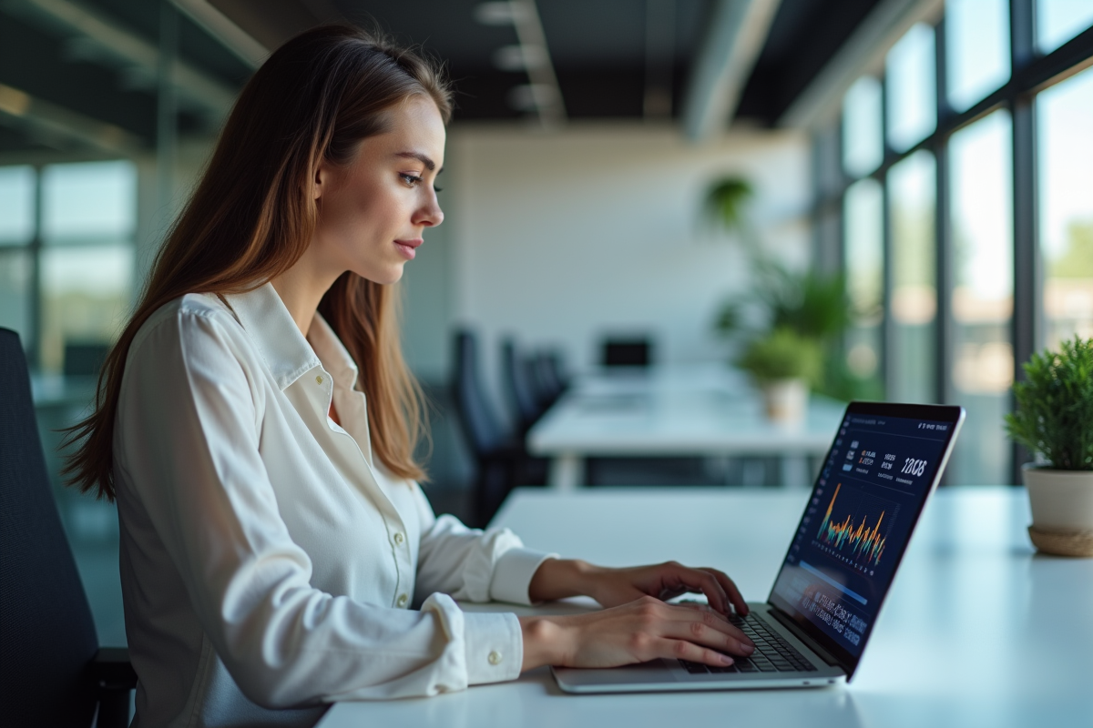 Jeune femme en bureau étudiant visualisations blockchain