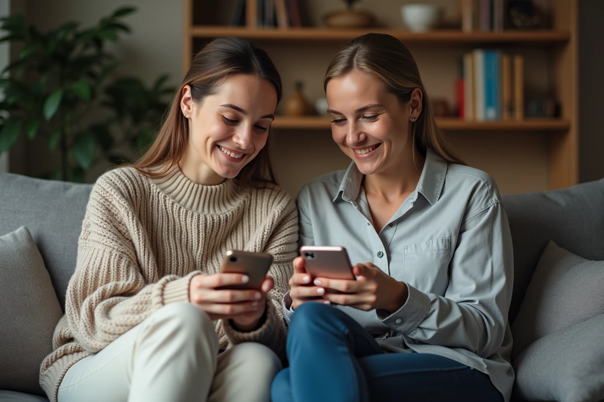 Deux femmes jouant à la Coinche en ligne sur smartphone dans un salon confortable