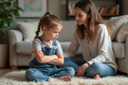 Fille de six ans frustrée avec sa mère dans un salon chaleureux