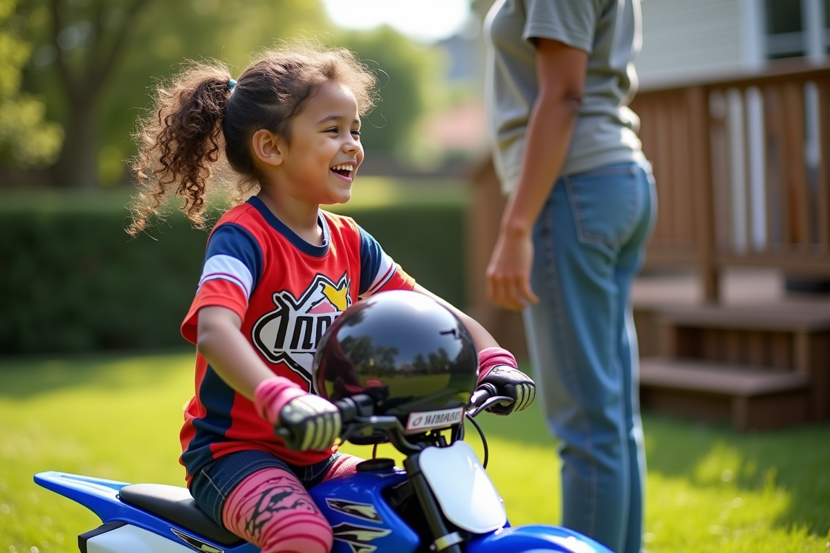 Fille de 12 ans avec casque et moto dans le jardin