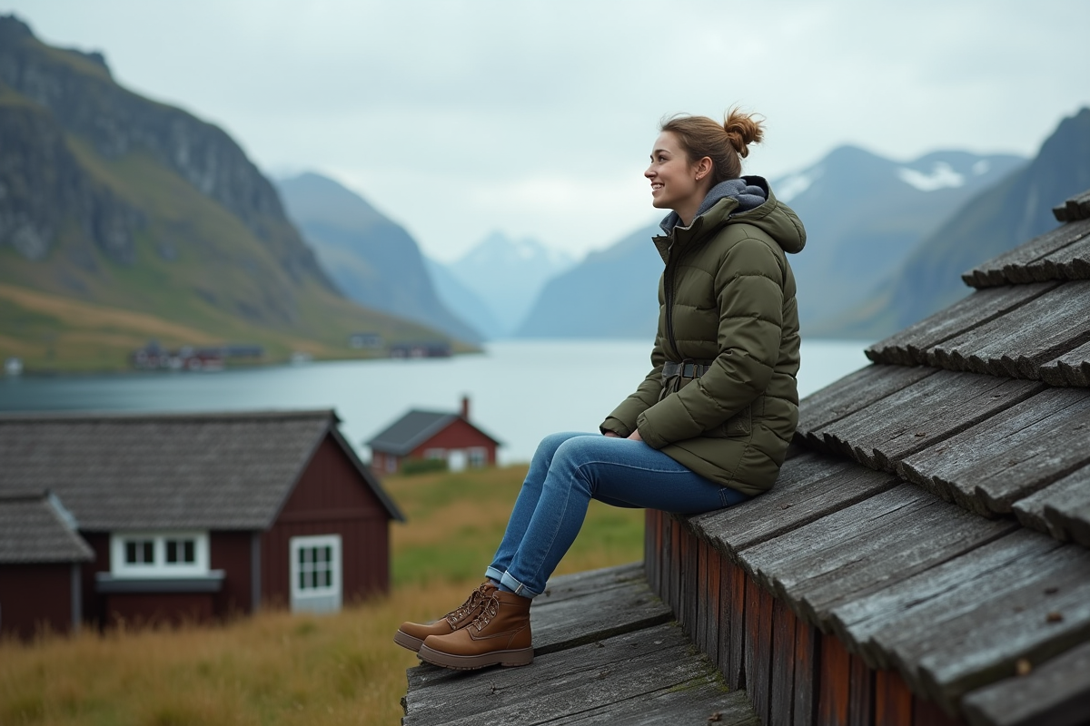 Jeune femme norvegienne assise sur un toit de chaume au bord d