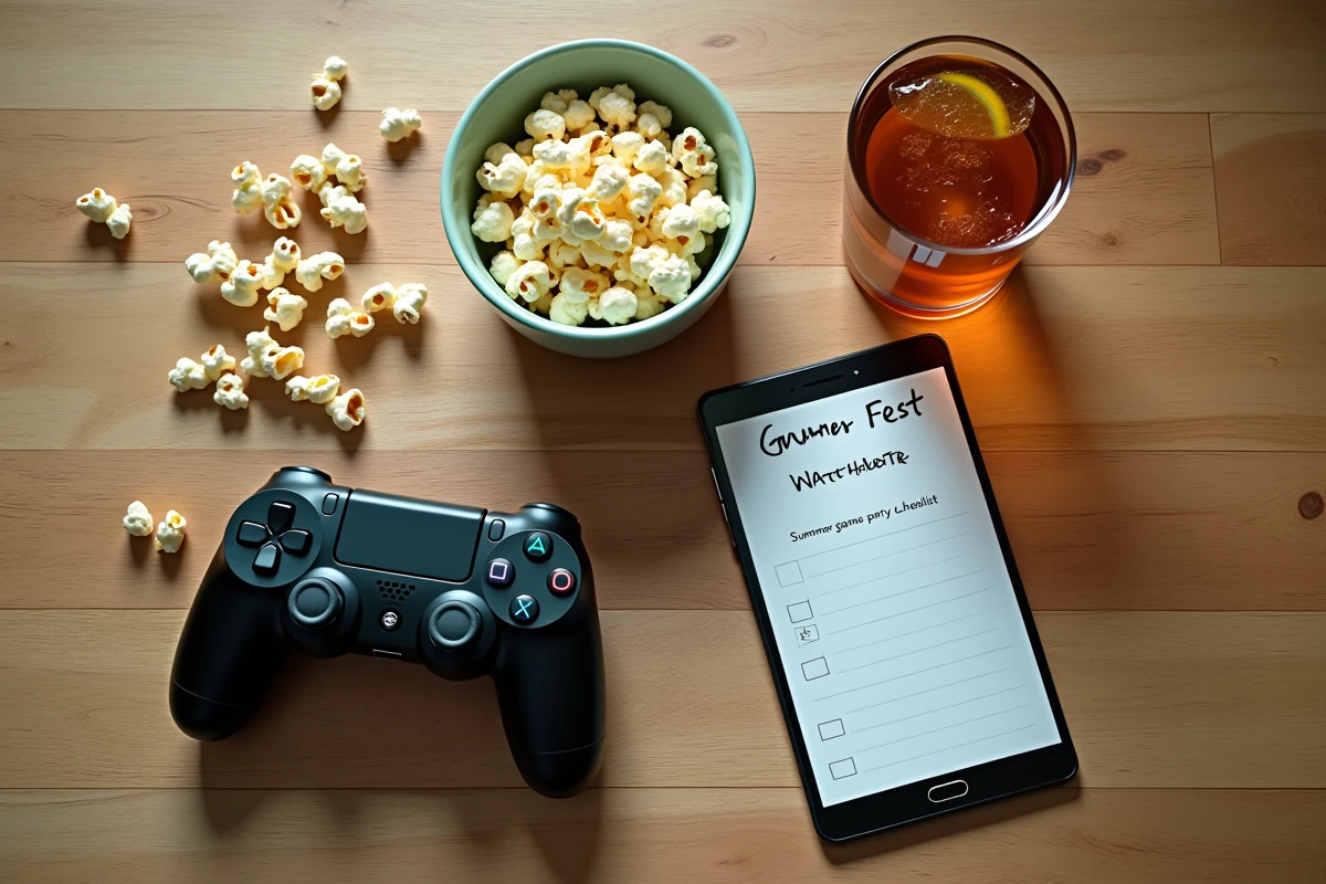 Vue de dessus d'une table préparée pour une watch party gaming avec manette, popcorn, smartphone et checklist