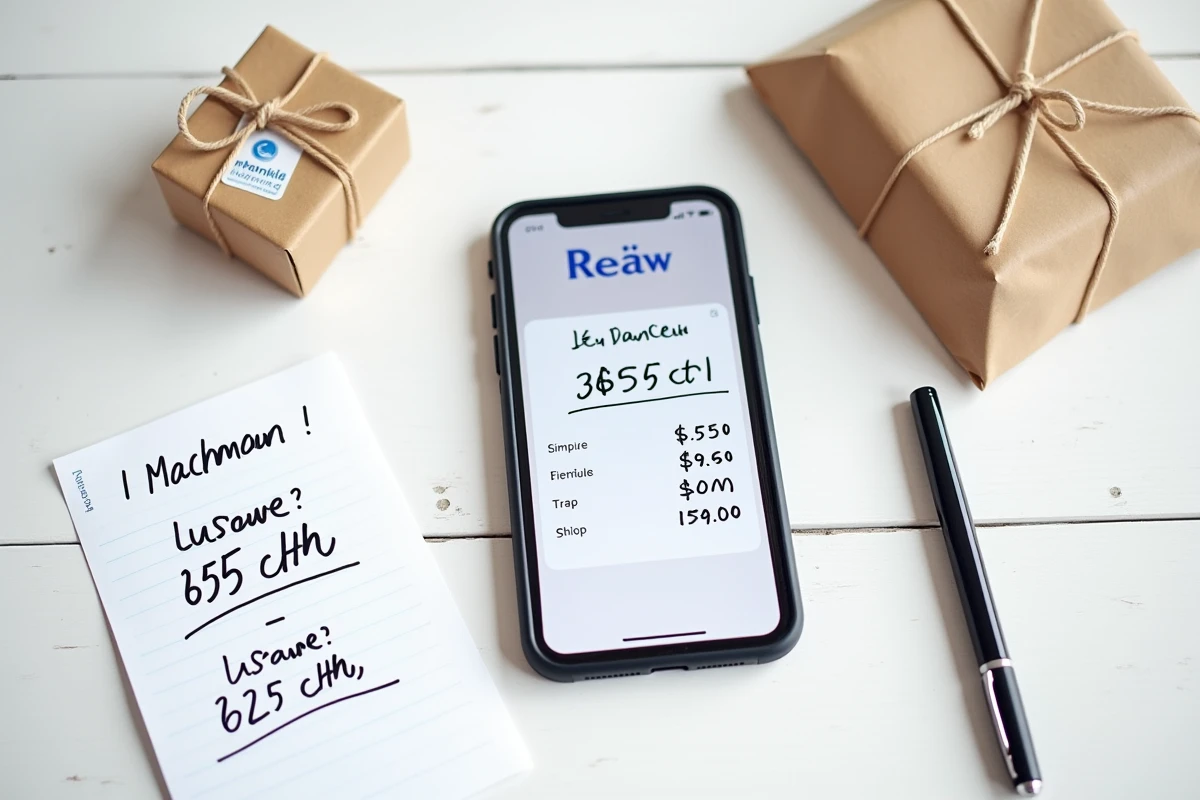 Vue de dessus d'un smartphone avec l'application Le Bon Coin affichant un tarif Mondial Relay à côté d'une note manuscrite comparant les prix