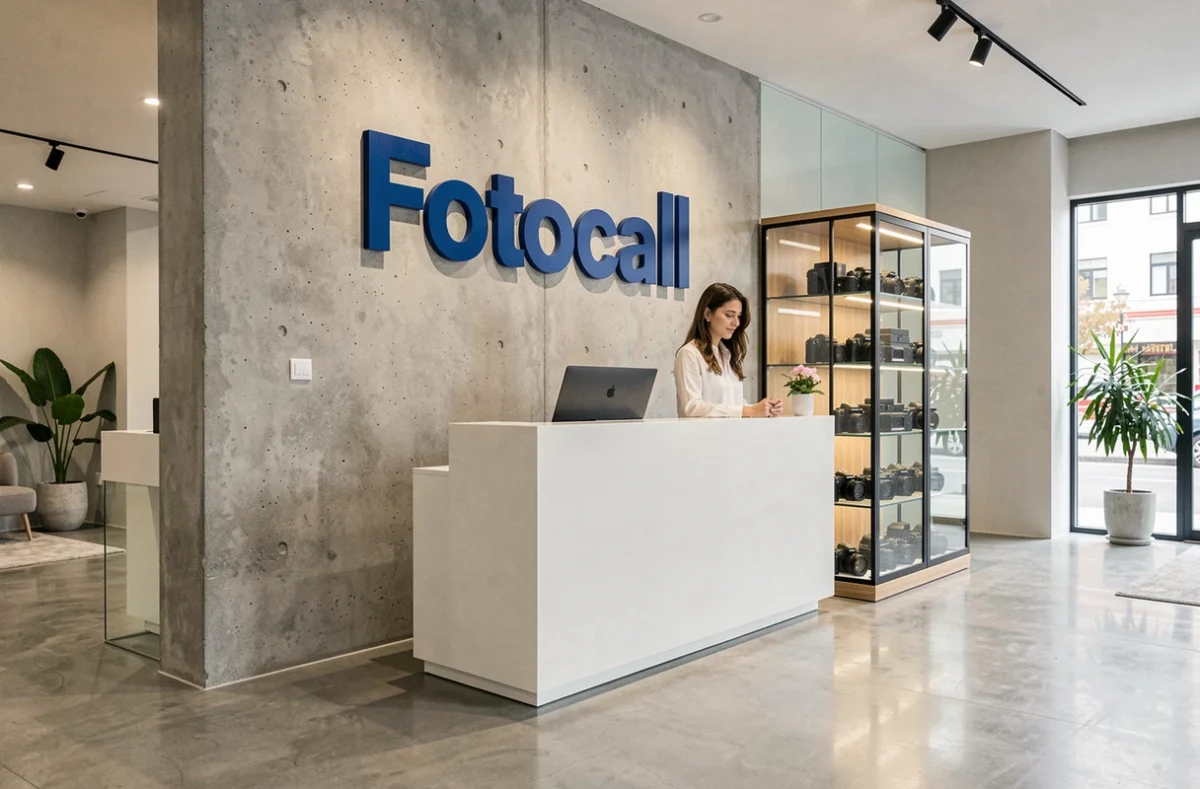 Réception du studio Fotocall avec décoration moderne et enseigne professionnelle